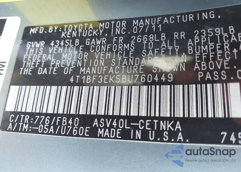 2011 Toyota Camry Se/Le/Xle from USA, damaged, VIN 4T1BF3EK5BU760479
